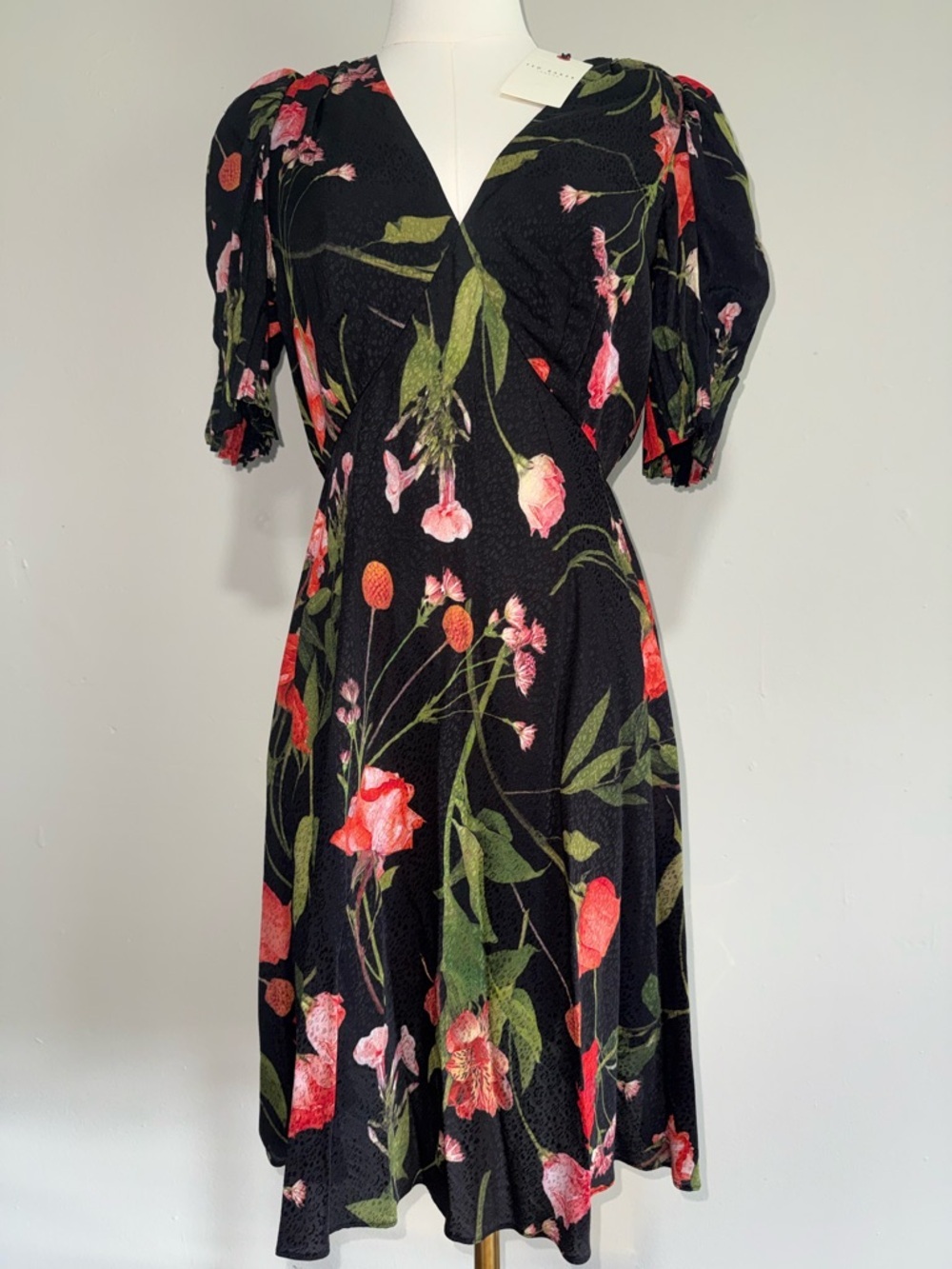 Ted Baker Black Floral Midi Dress with Pink & Red Blooms - Picture 2 of 4
